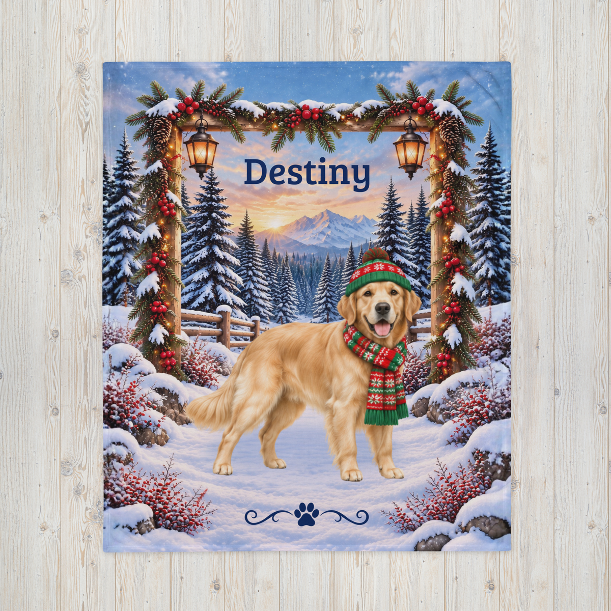 Golden Retriever (Light Golden Coat) - Personalized Snowy Cabin Throw, Custom Name Dog Dad Blanket