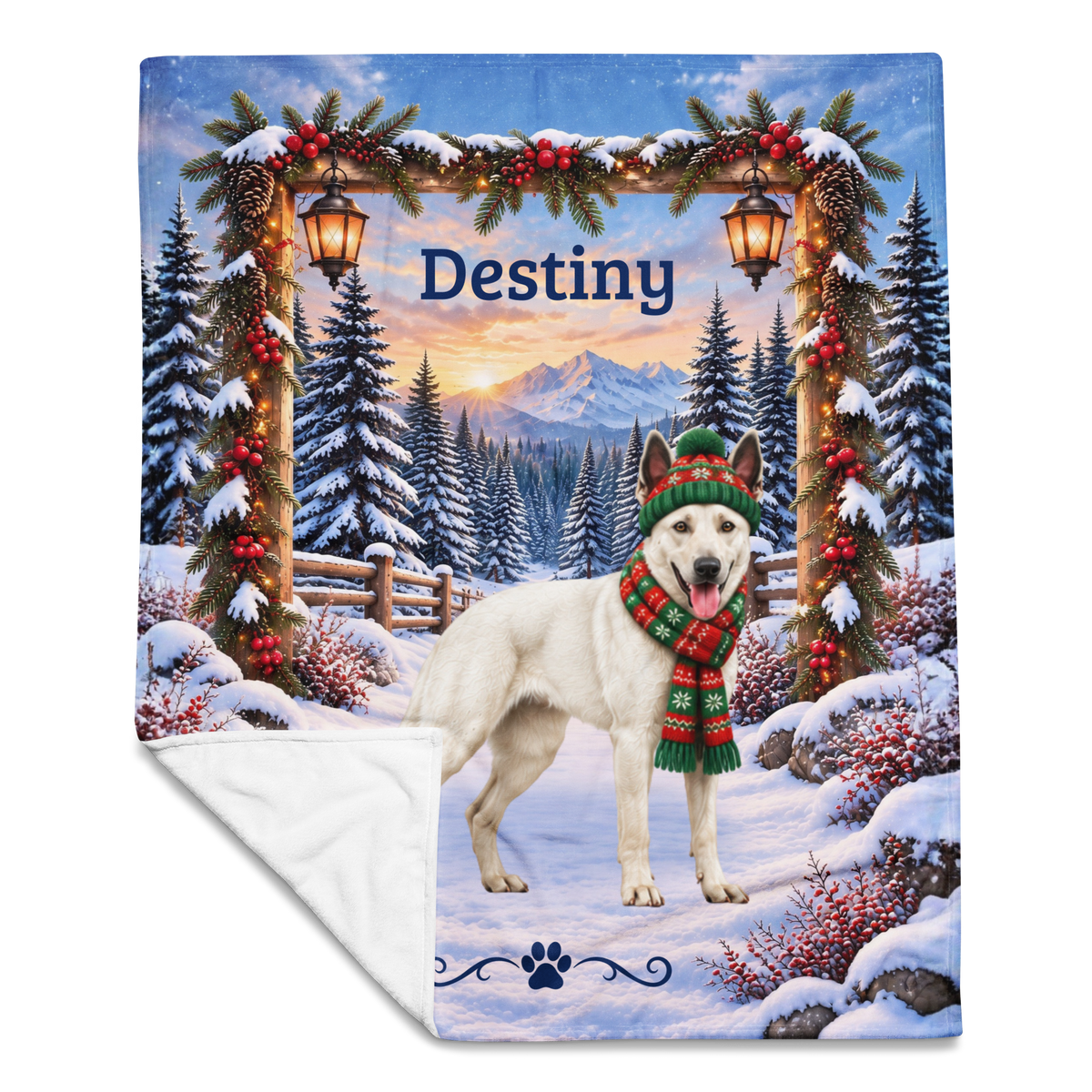 Belgian Malinois (White Coat) - Custom Pet Name Velveteen Blanket, Snowy Forest Gift for Mali Lovers