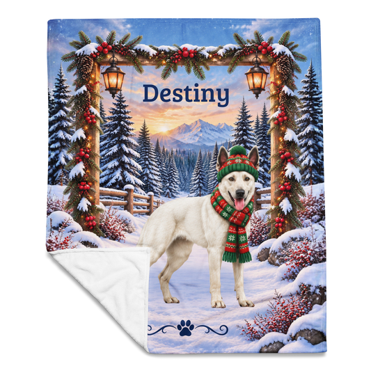 Belgian Malinois (White Coat) - Custom Pet Name Velveteen Blanket, Snowy Forest Gift for Mali Lovers - MySisterIsAsurvor