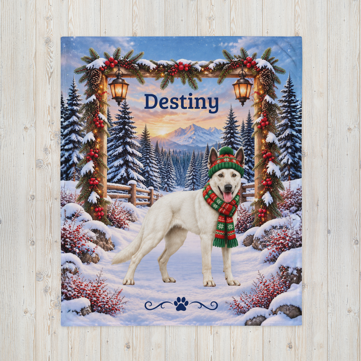 Belgian Malinois (White Coat) - Custom Pet Name Velveteen Blanket, Snowy Forest Gift for Mali Lovers