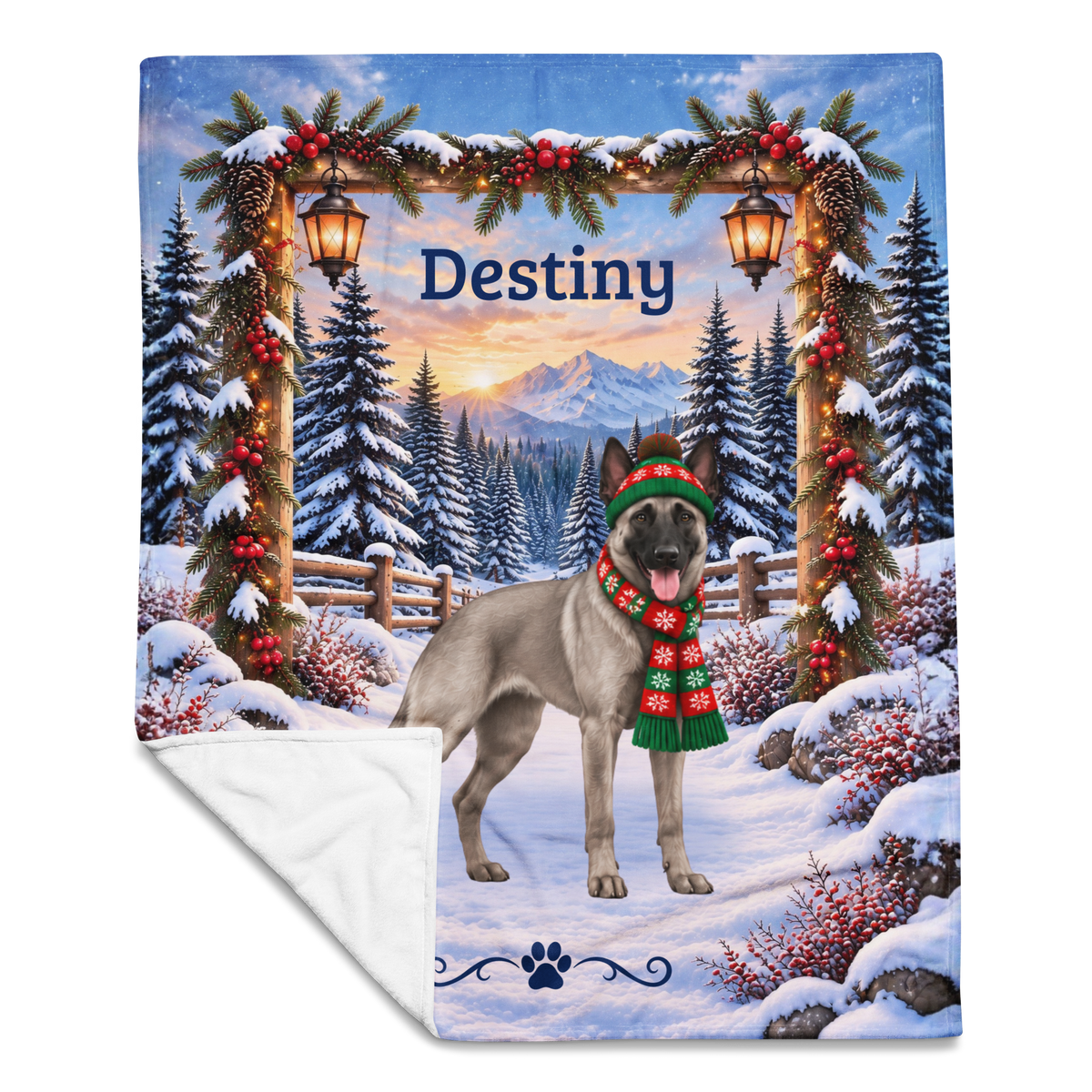 Belgian Malinois (Gray Coat) - Personalized Snowy Mountain Throw, Custom Dog Name Winter Blanket