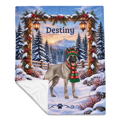 Belgian Malinois (Gray Coat) - Personalized Snowy Mountain Throw, Custom Dog Name Winter Blanket