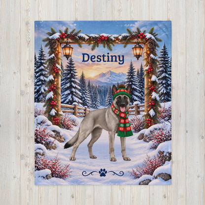Belgian Malinois (Gray Coat) - Personalized Snowy Mountain Throw, Custom Dog Name Winter Blanket