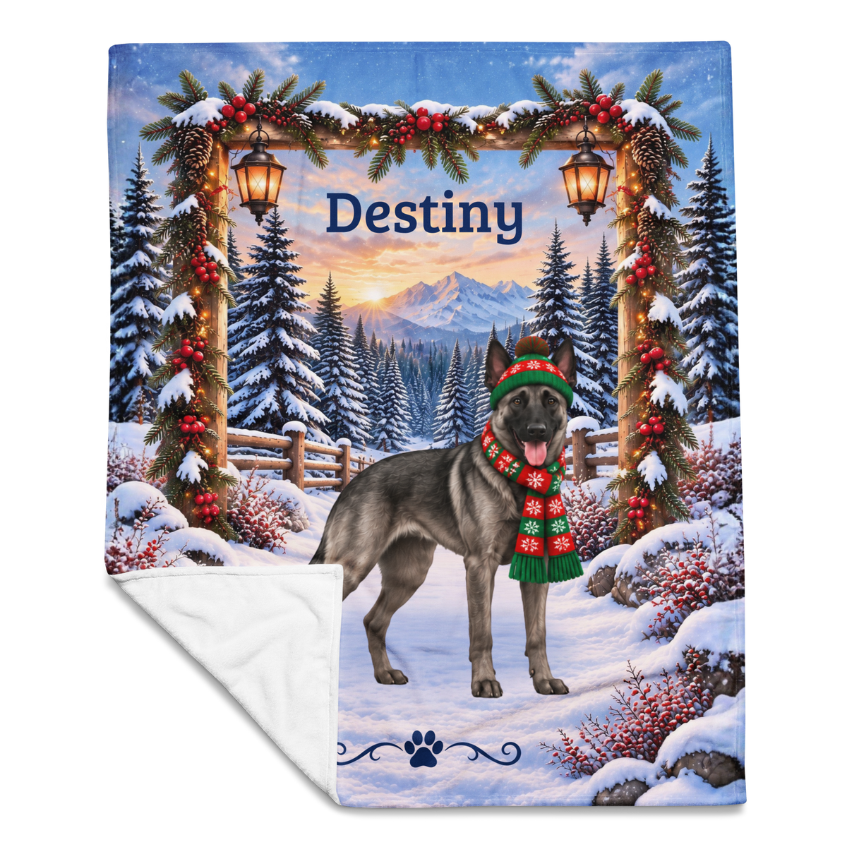 Belgian Malinois (Gray Sable Coat) - Custom Dog Name Velveteen Throw, Personalized Winter Cabin Gift