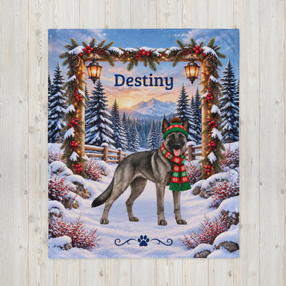 Belgian Malinois (Gray Sable Coat) - Custom Dog Name Velveteen Throw, Personalized Winter Cabin Gift