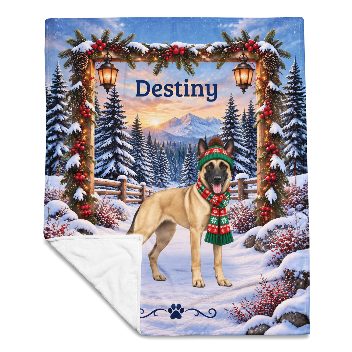 Belgian Malinois (Fawn Coat) - Custom Name Plush Blanket, Personalized Snowy Woodland Dog Mom Gift