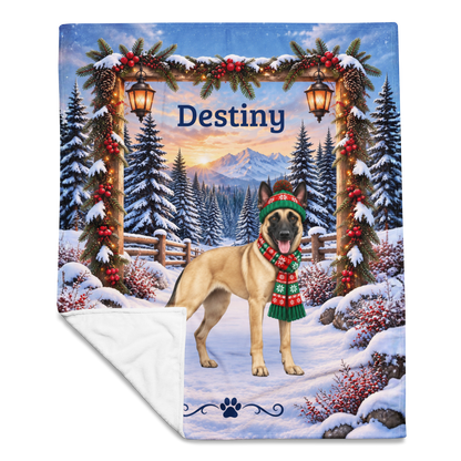 Belgian Malinois (Fawn Coat) - Custom Name Plush Blanket, Personalized Snowy Woodland Dog Mom Gift