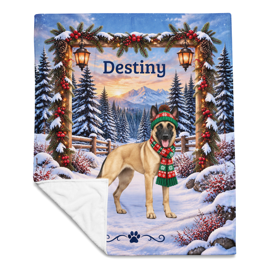 Belgian Malinois (Fawn Coat) - Custom Name Plush Blanket, Personalized Snowy Woodland Dog Mom Gift - MySisterIsAsurvor