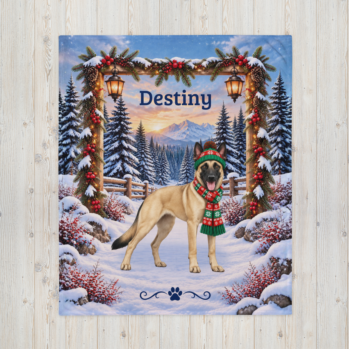 Belgian Malinois (Fawn Coat) - Custom Name Plush Blanket, Personalized Snowy Woodland Dog Mom Gift