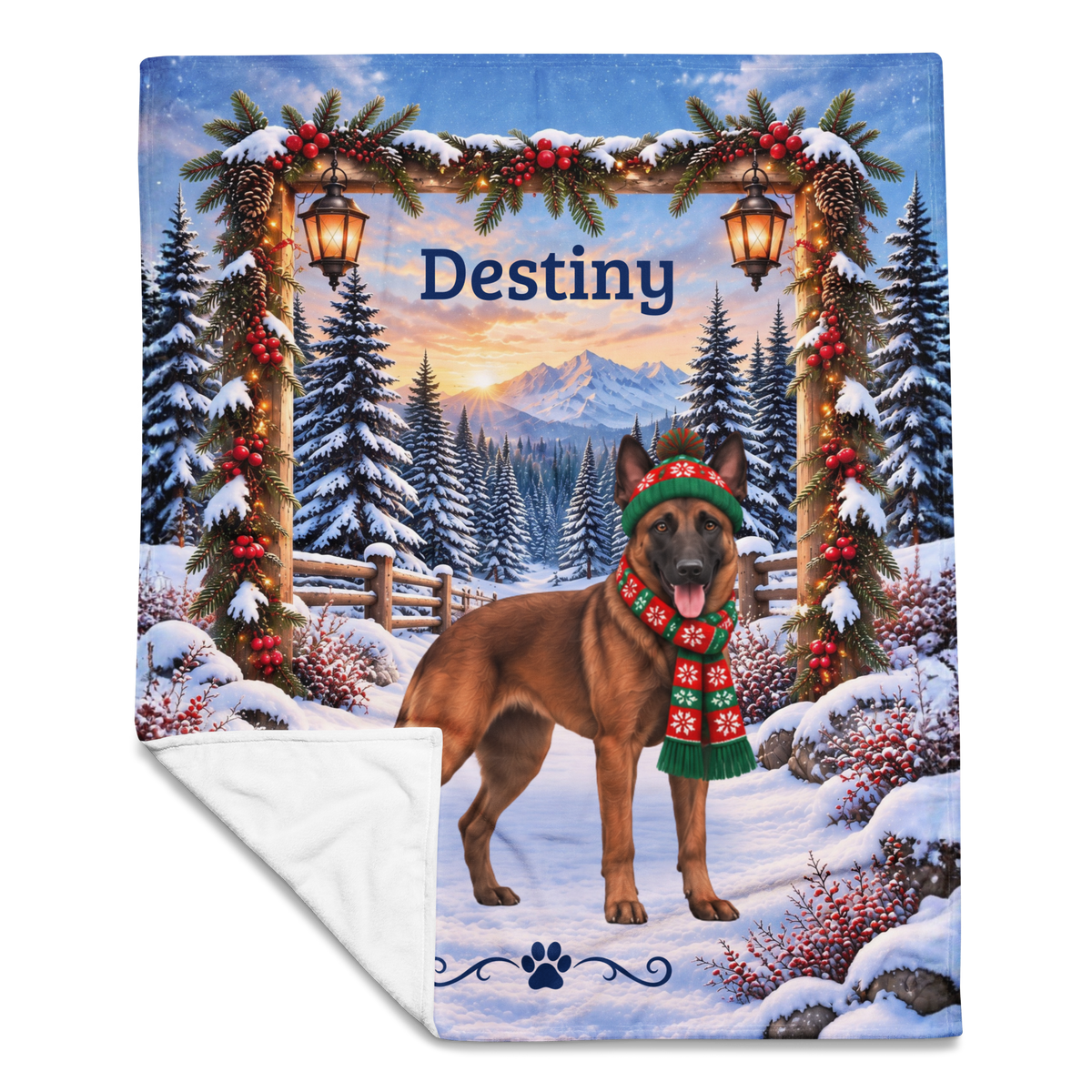 Belgian Malinois (Red Sable Coat) - Custom Name Dog Blanket, Winter Cabin Throw for Mali Owners