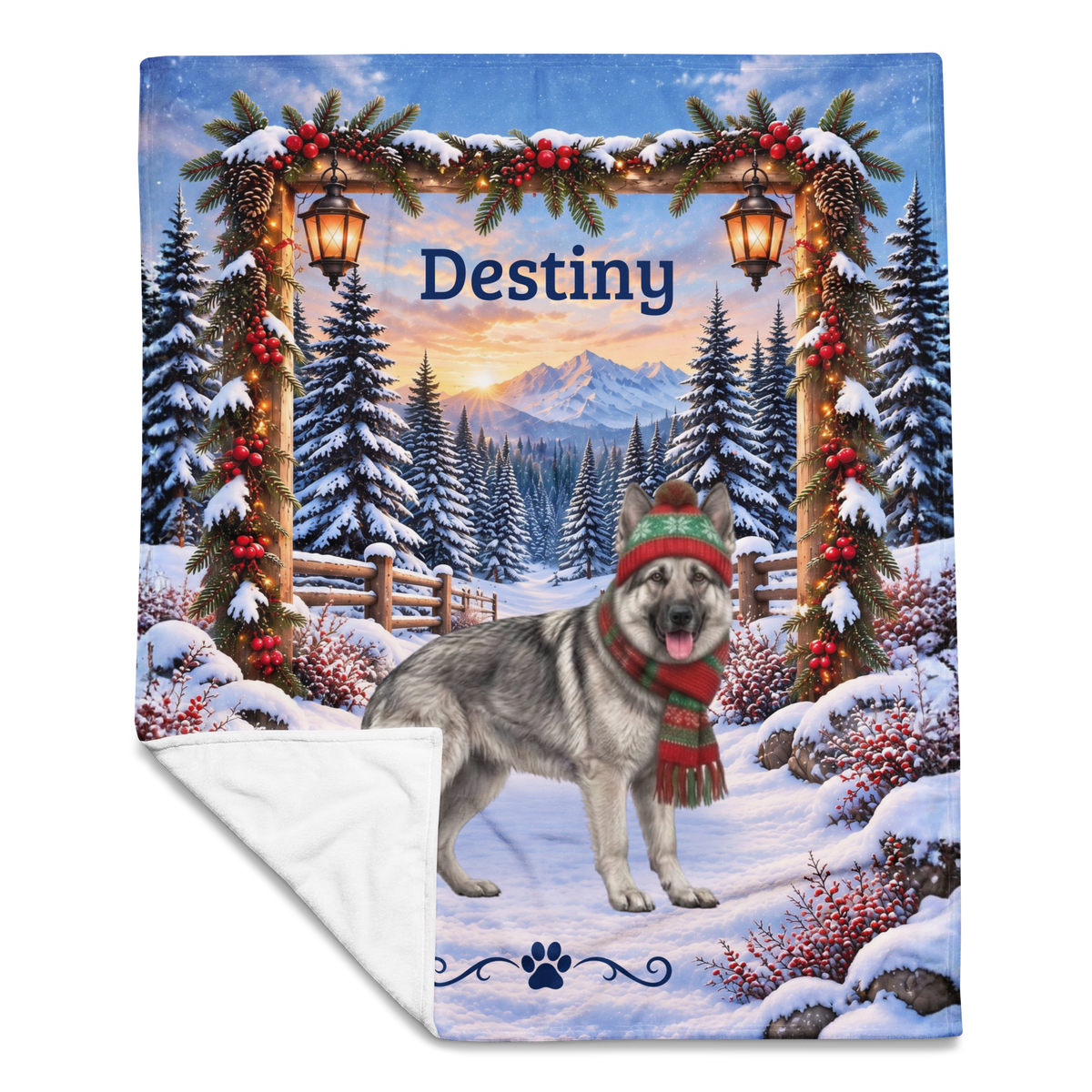 German Shepherd (Silver Sable) - Personalized Snowy Pines Blanket, Custom Name Velveteen Throw - MySisterIsAsurvor