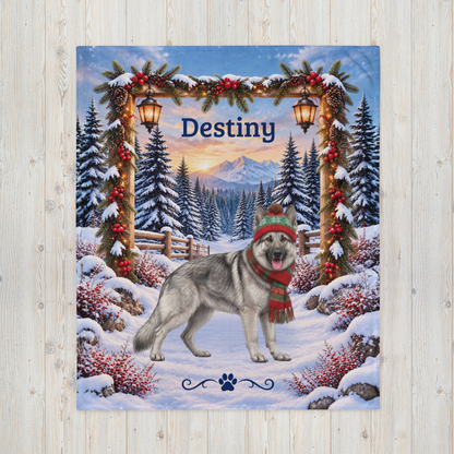 German Shepherd (Silver Sable) - Personalized Snowy Pines Blanket, Custom Name Velveteen Throw - MySisterIsAsurvor