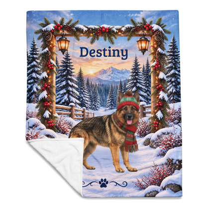 German Shepherd (Gold Sable) - Personalized Lantern-Lit Winter Blanket, Custom Name Velveteen Throw - MySisterIsAsurvor