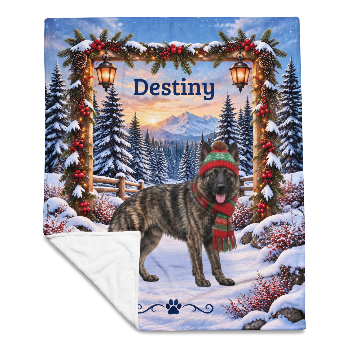 German Shepherd (Brindle Coat) - Personalized Snowy Mountain Blanket, Custom Name Velveteen Throw - MySisterIsAsurvor