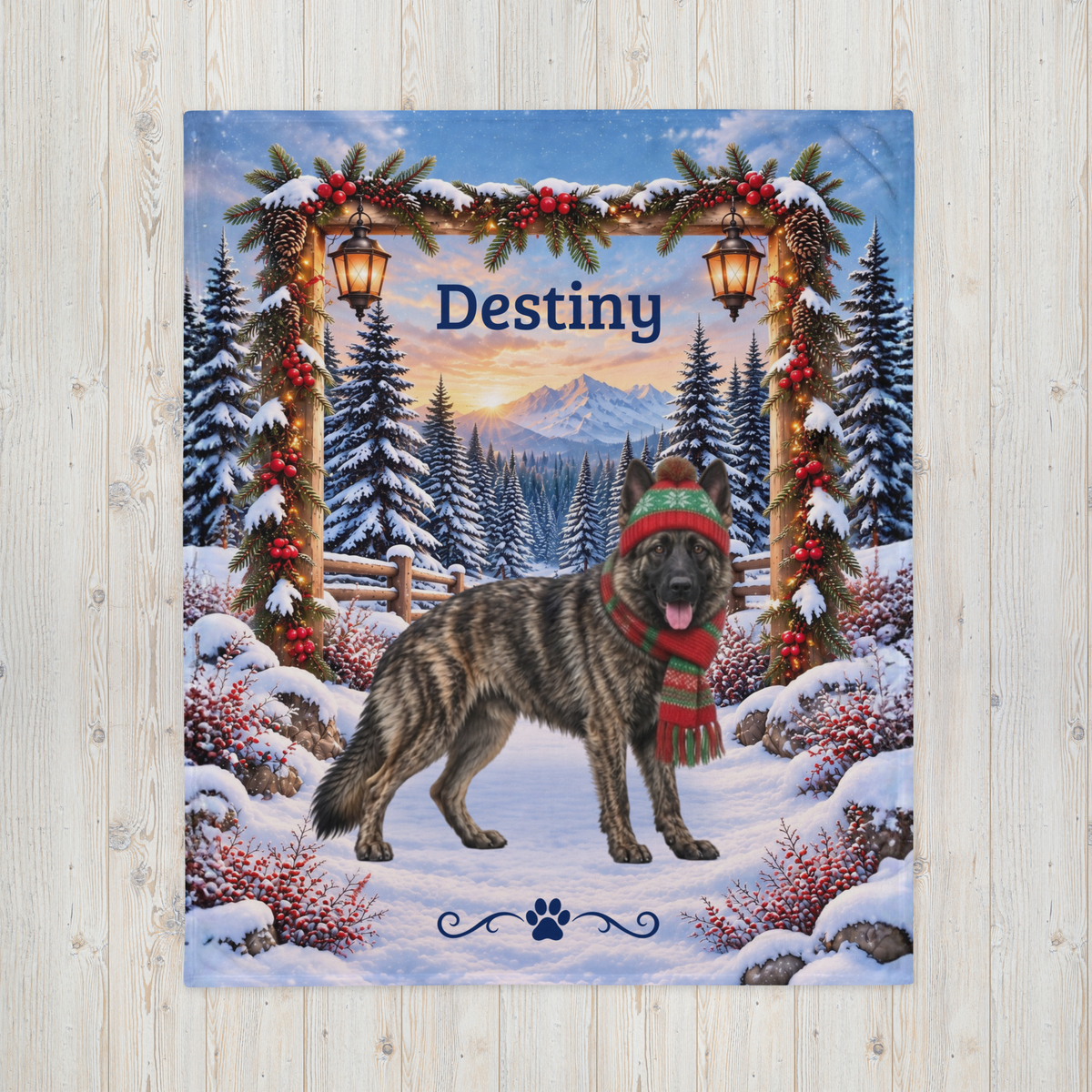 German Shepherd (Brindle Coat) - Personalized Snowy Mountain Blanket, Custom Name Velveteen Throw - MySisterIsAsurvor