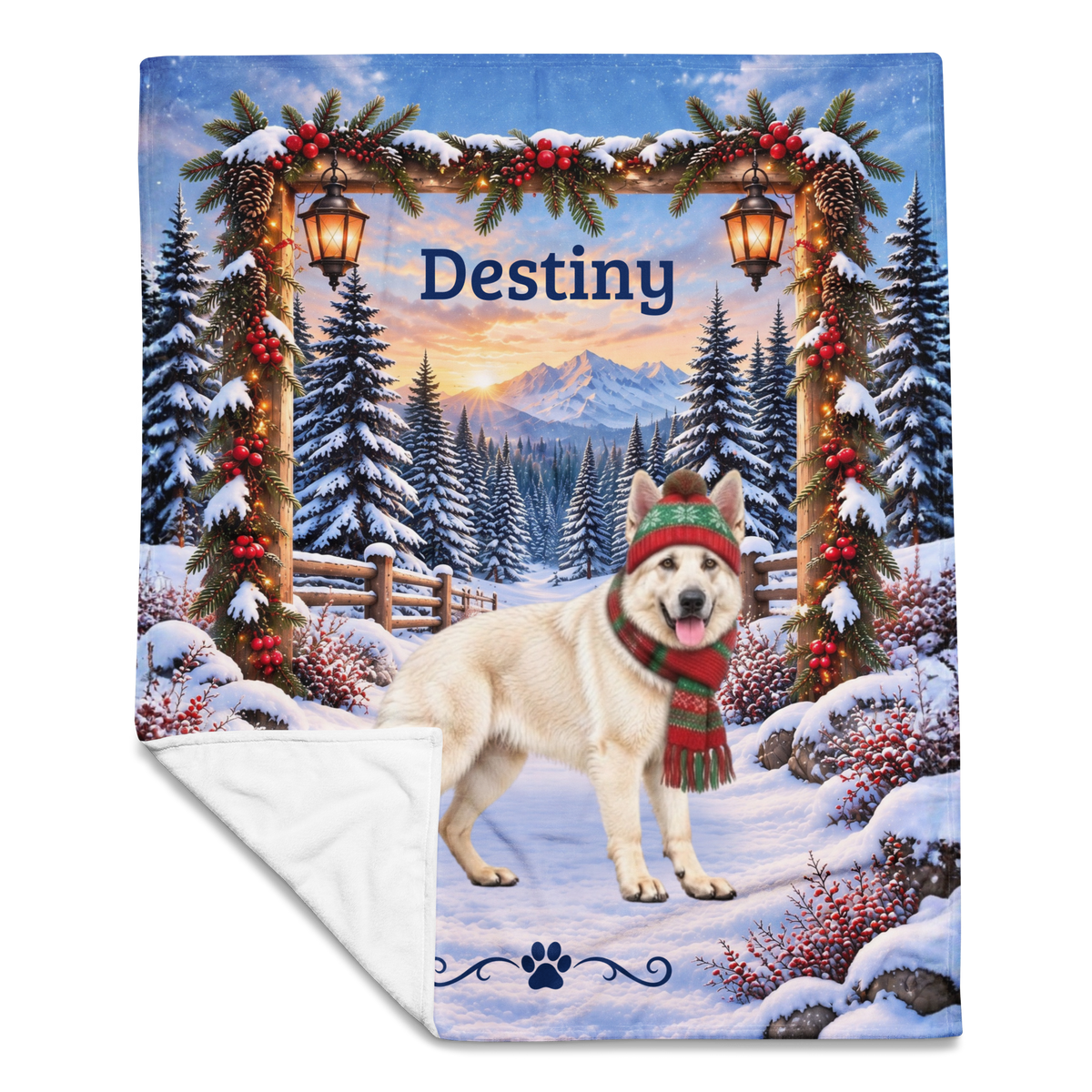 German Shepherd (White Coat) - Personalized Winter Forest Blanket, Custom Name Velveteen Throw - MySisterIsAsurvor