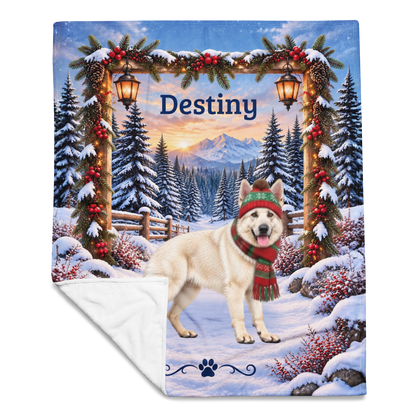German Shepherd (White Coat) - Personalized Winter Forest Blanket, Custom Name Velveteen Throw - MySisterIsAsurvor