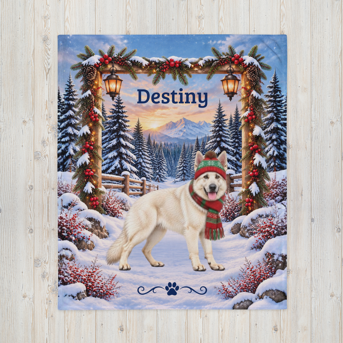 German Shepherd (White Coat) - Personalized Winter Forest Blanket, Custom Name Velveteen Throw - MySisterIsAsurvor