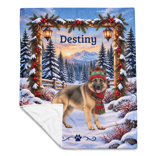 German Shepherd (Tan Coat) - Personalized Winter Mountain Blanket, Custom Name Velveteen Throw - MySisterIsAsurvor