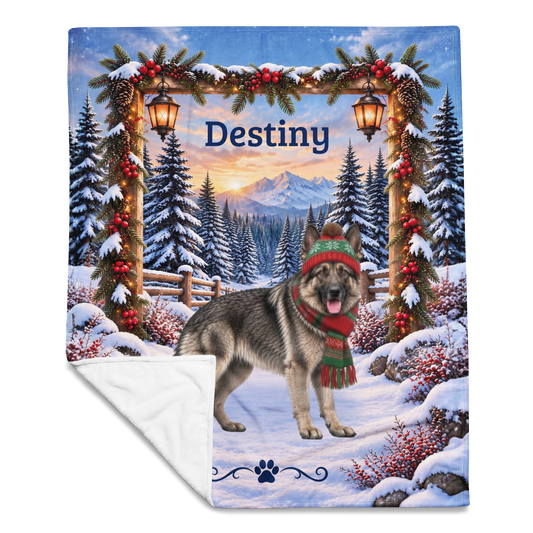 German Shepherd (Gray Coat) - Personalized Winter Mountain Throw, Custom Name Velveteen Blanket - MySisterIsAsurvor