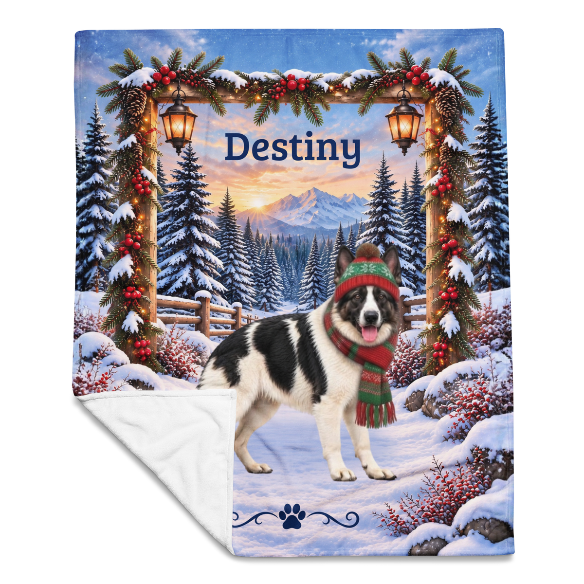 German Shepherd (Black & White Coat) - Personalized Winter Cabin Throw, Custom Name Velveteen Blanket - MySisterIsAsurvor