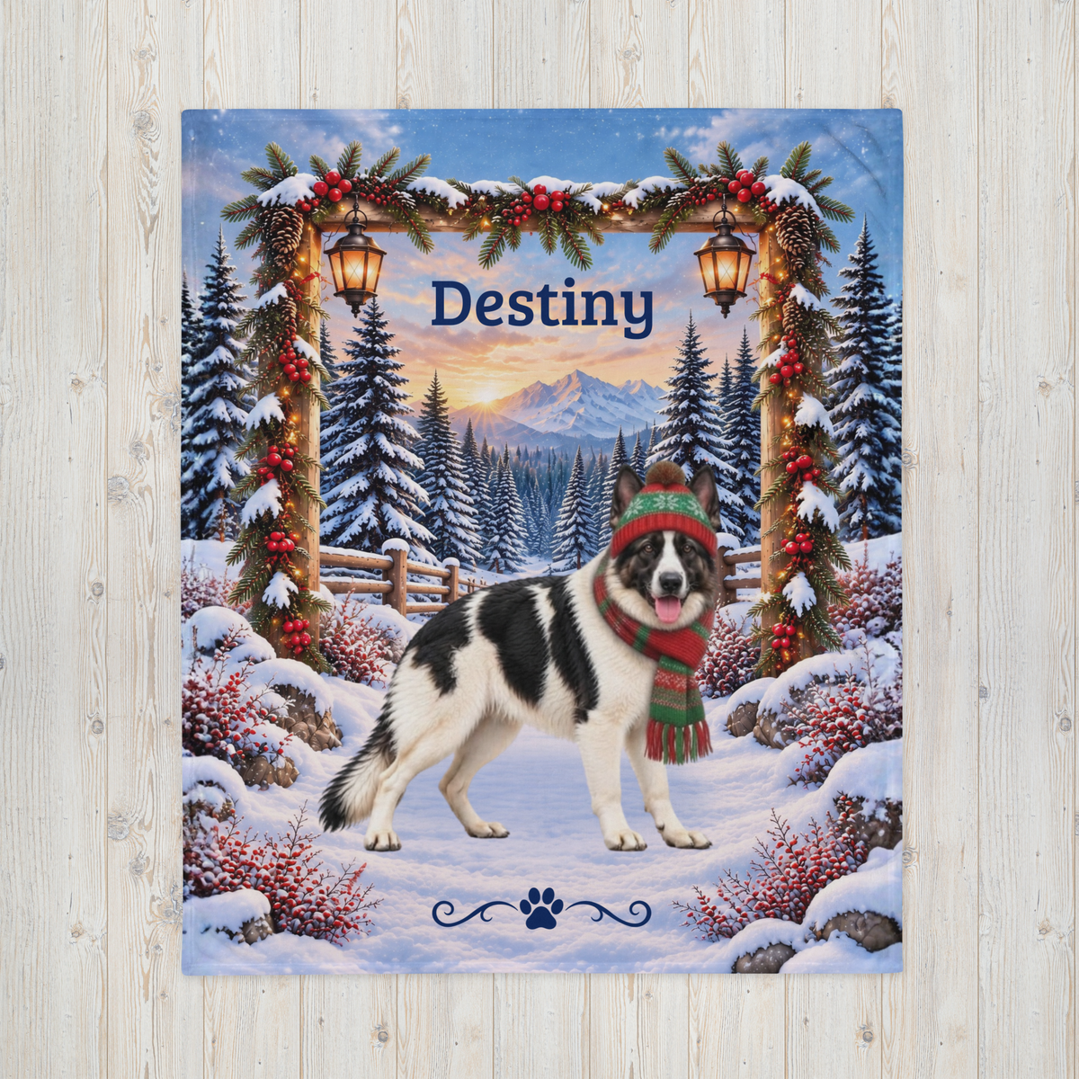 German Shepherd (Black & White Coat) - Personalized Winter Cabin Throw, Custom Name Velveteen Blanket - MySisterIsAsurvor