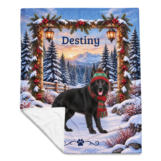 German Shepherd (Black Coat) - Personalized Winter Woodland Blanket, Custom Name Velveteen Throw - MySisterIsAsurvor