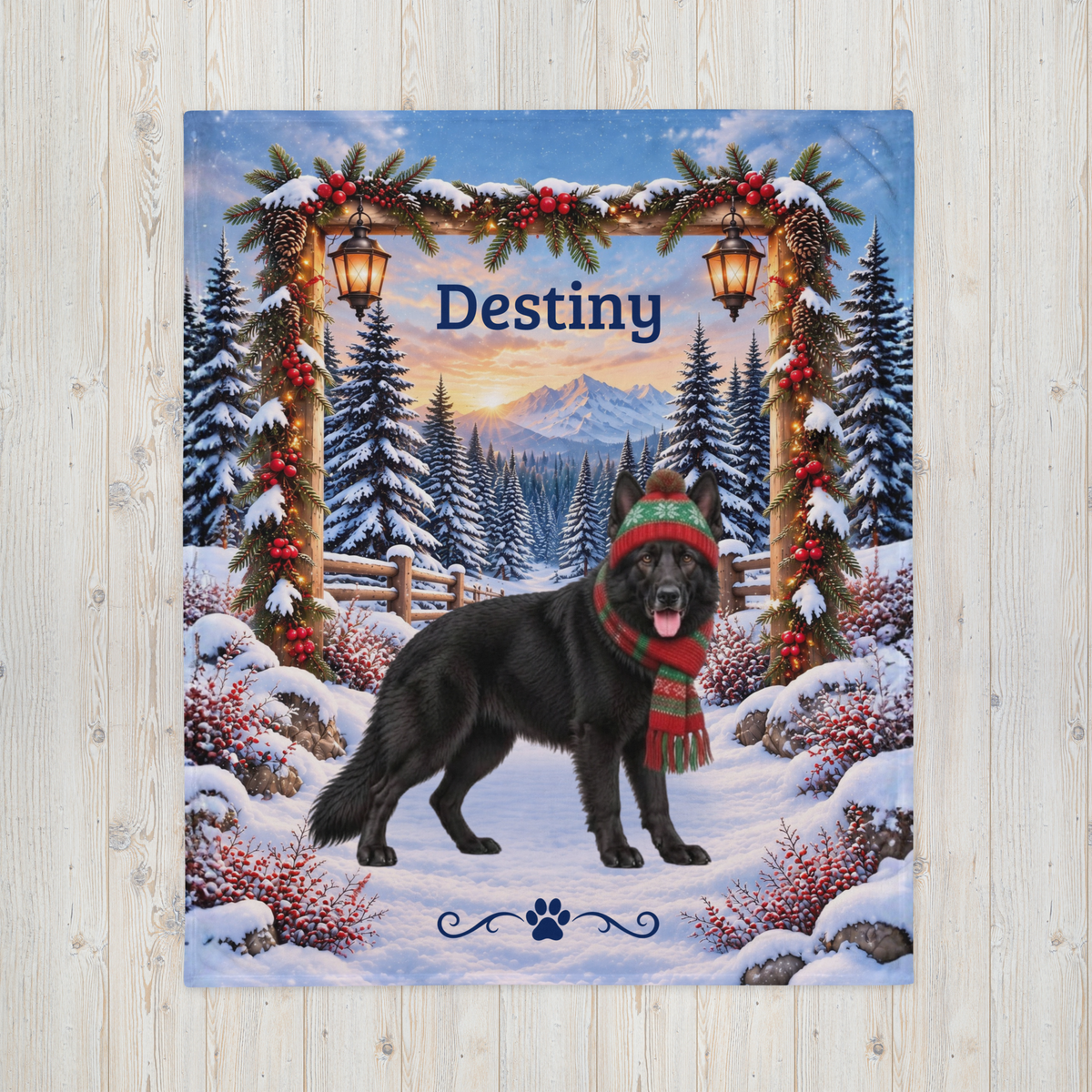 German Shepherd (Black Coat) - Personalized Winter Woodland Blanket, Custom Name Velveteen Throw - MySisterIsAsurvor