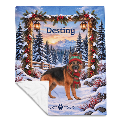 German Shepherd (Black & Red Coat) - Personalized Winter Mountain Blanket, Custom Name Velveteen Throw - MySisterIsAsurvor