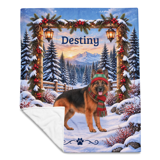 German Shepherd (Black & Red Coat) - Personalized Winter Mountain Blanket, Custom Name Velveteen Throw - MySisterIsAsurvor