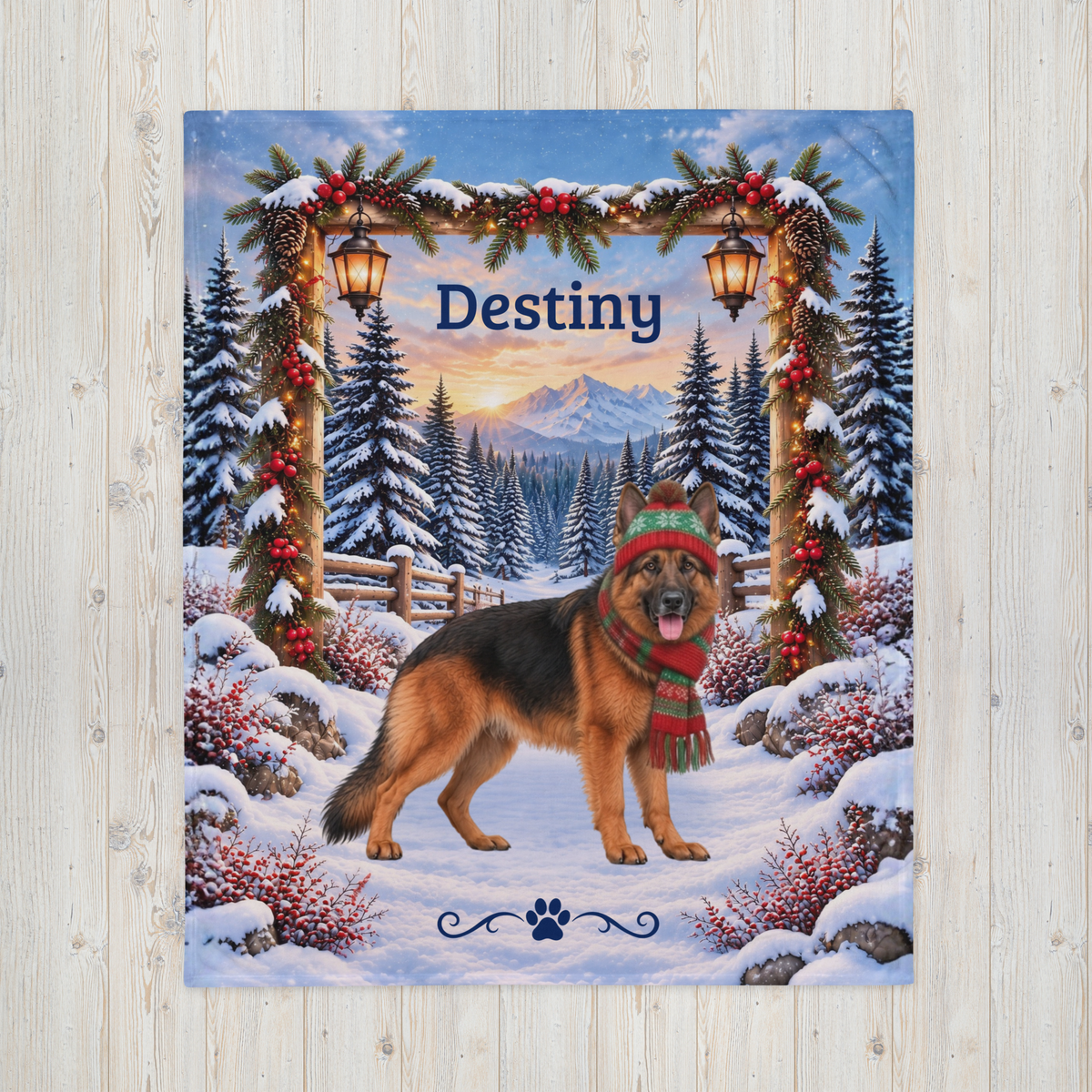 German Shepherd (Black & Red Coat) - Personalized Winter Mountain Blanket, Custom Name Velveteen Throw - MySisterIsAsurvor