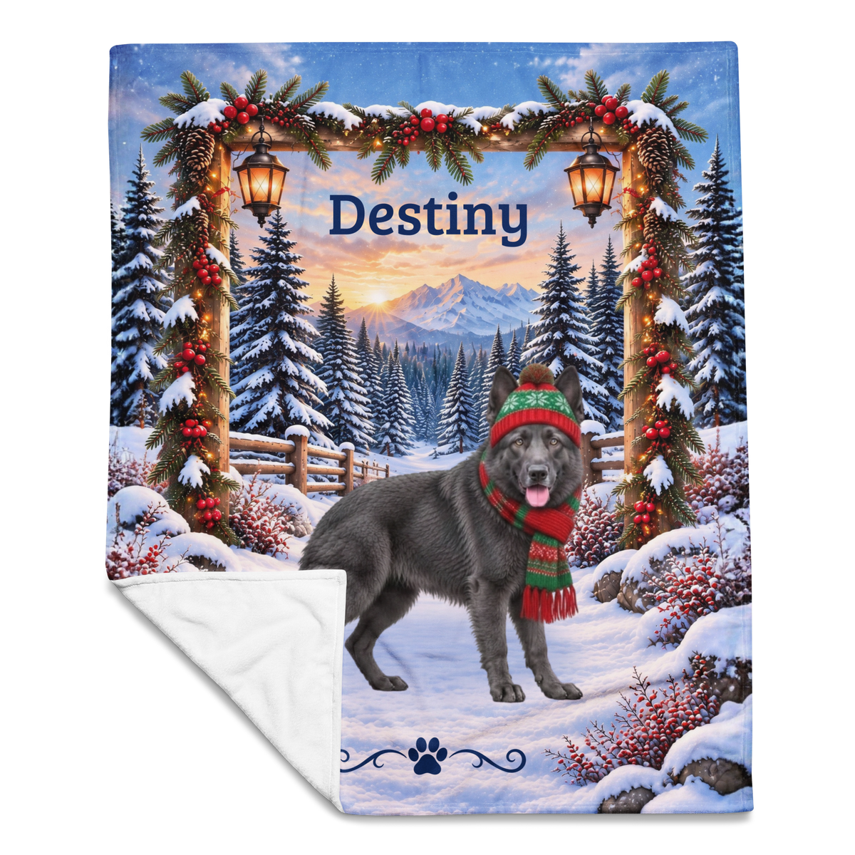 German Shepherd (Blue Steel Coat) - Personalized Winter Forest Blanket, Custom Name Velveteen Throw - MySisterIsAsurvor