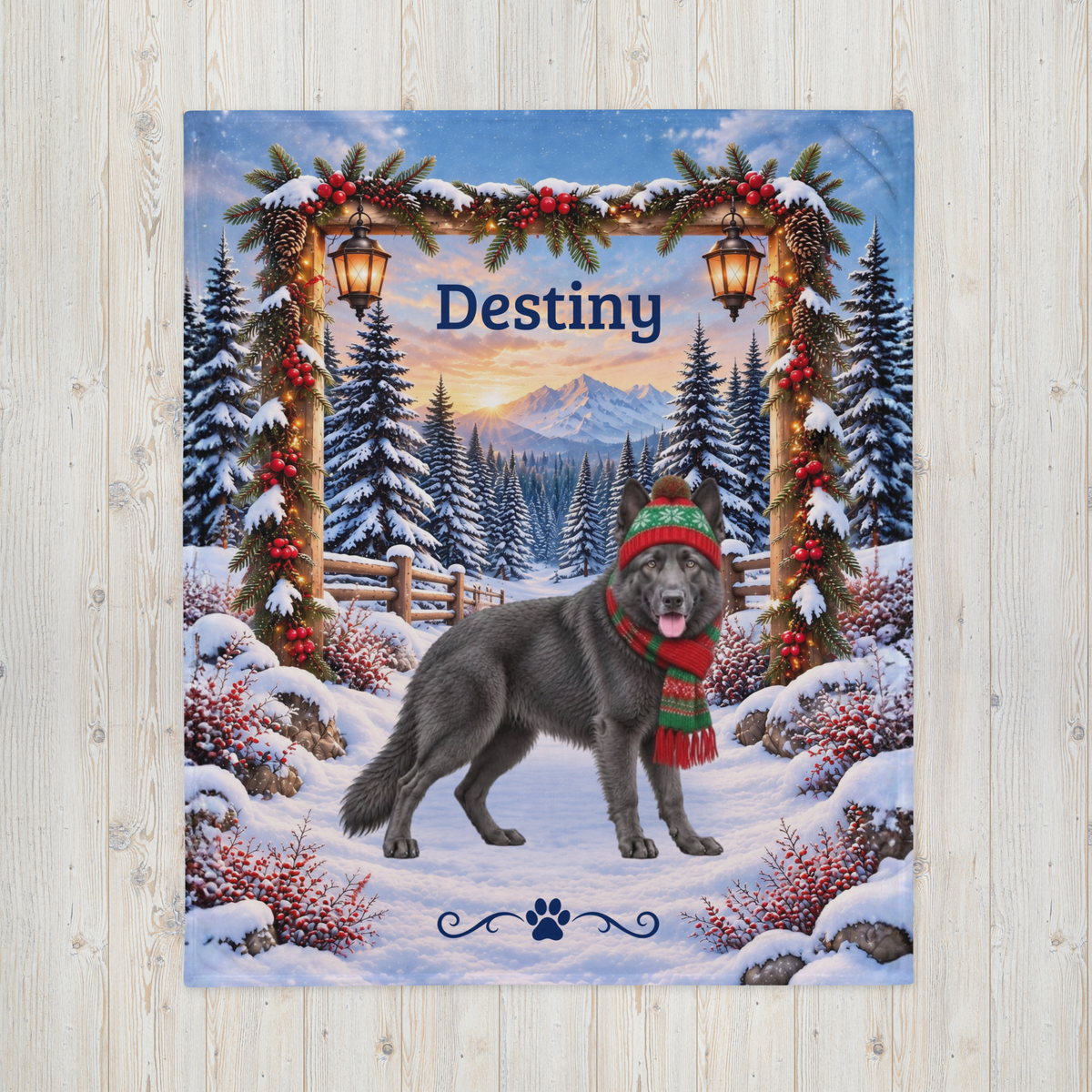 German Shepherd (Blue Steel Coat) - Personalized Winter Forest Blanket, Custom Name Velveteen Throw - MySisterIsAsurvor
