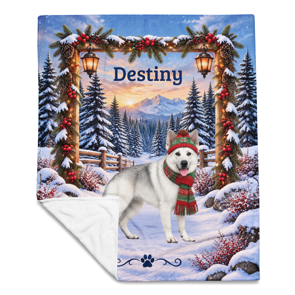 German Shepherd (White Coat, Recessive Saddle) - Personalized Winter Blanket, Custom Name Throw - MySisterIsAsurvor