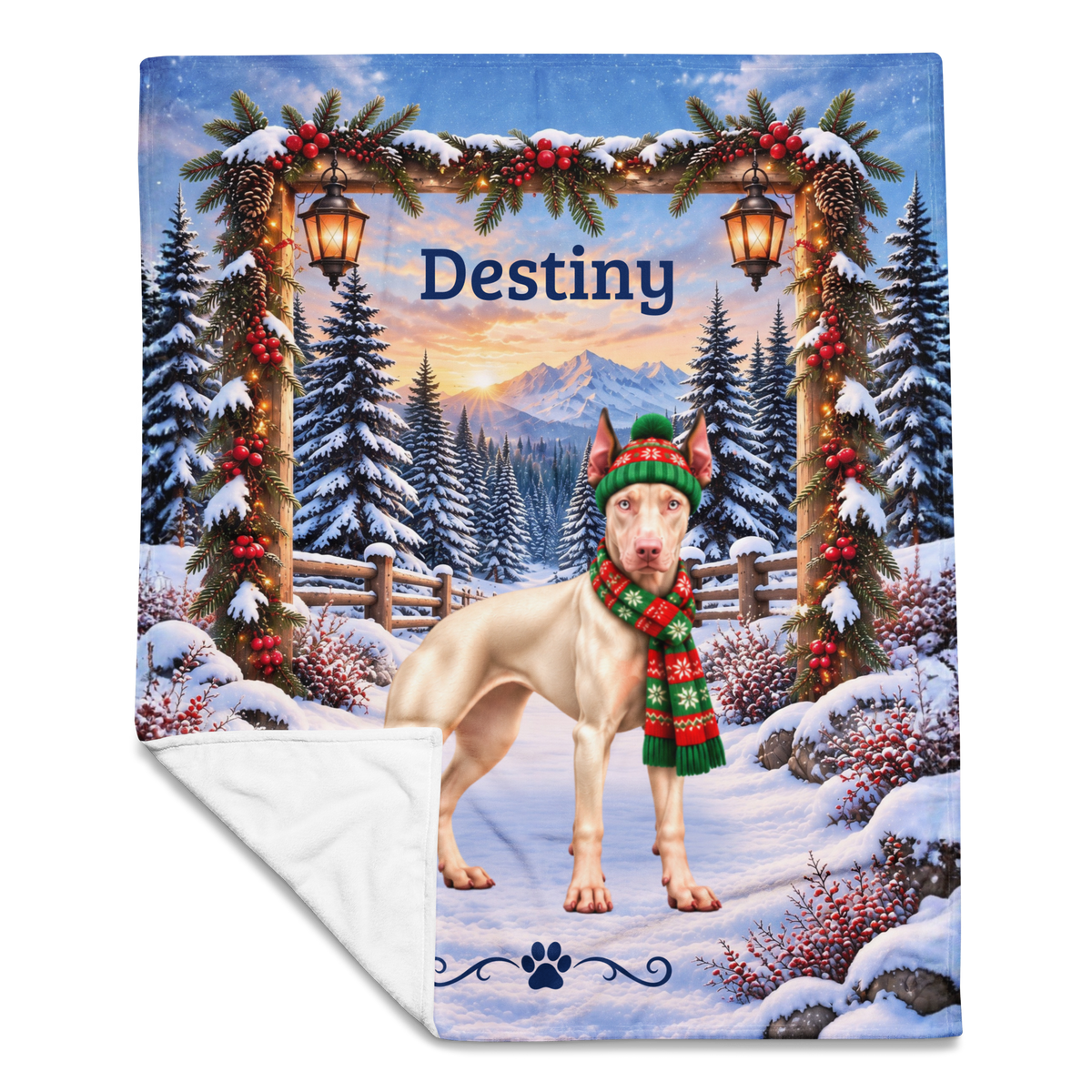 Doberman (White / Albino Coat) - Personalized Winter Blanket, Snowy Pine Velveteen Throw