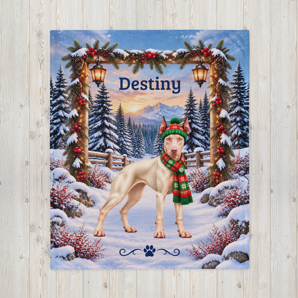 Doberman (White / Albino Coat) - Personalized Winter Blanket, Snowy Pine Velveteen Throw