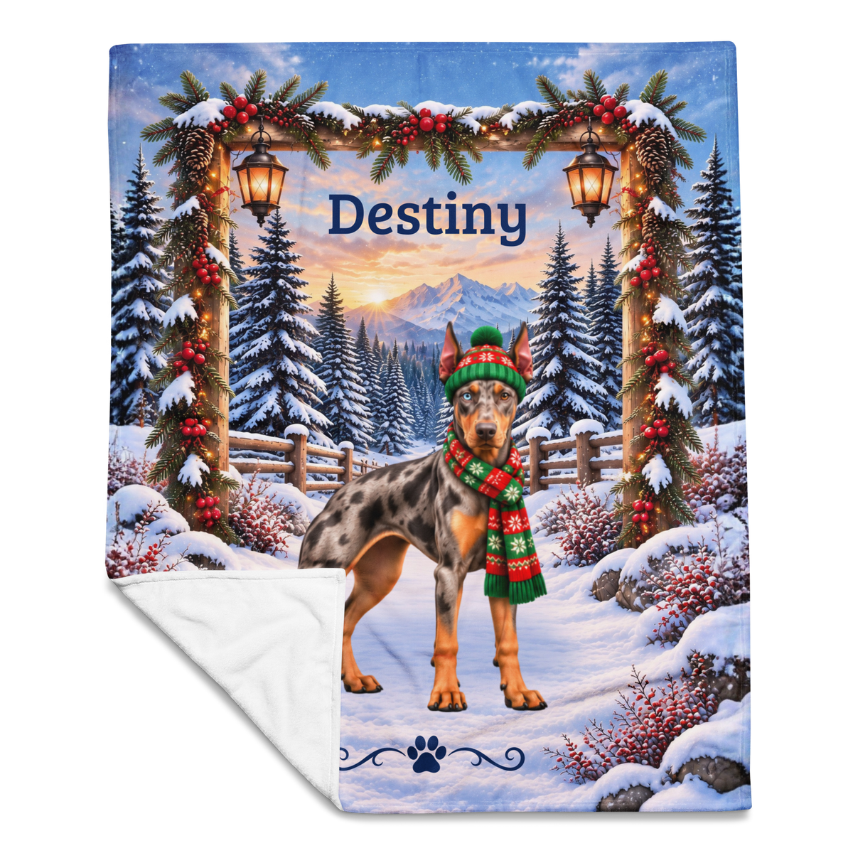 Doberman (Merle Coat) - Personalized Winter Blanket, Lantern-Lit Woodland Velveteen Throw