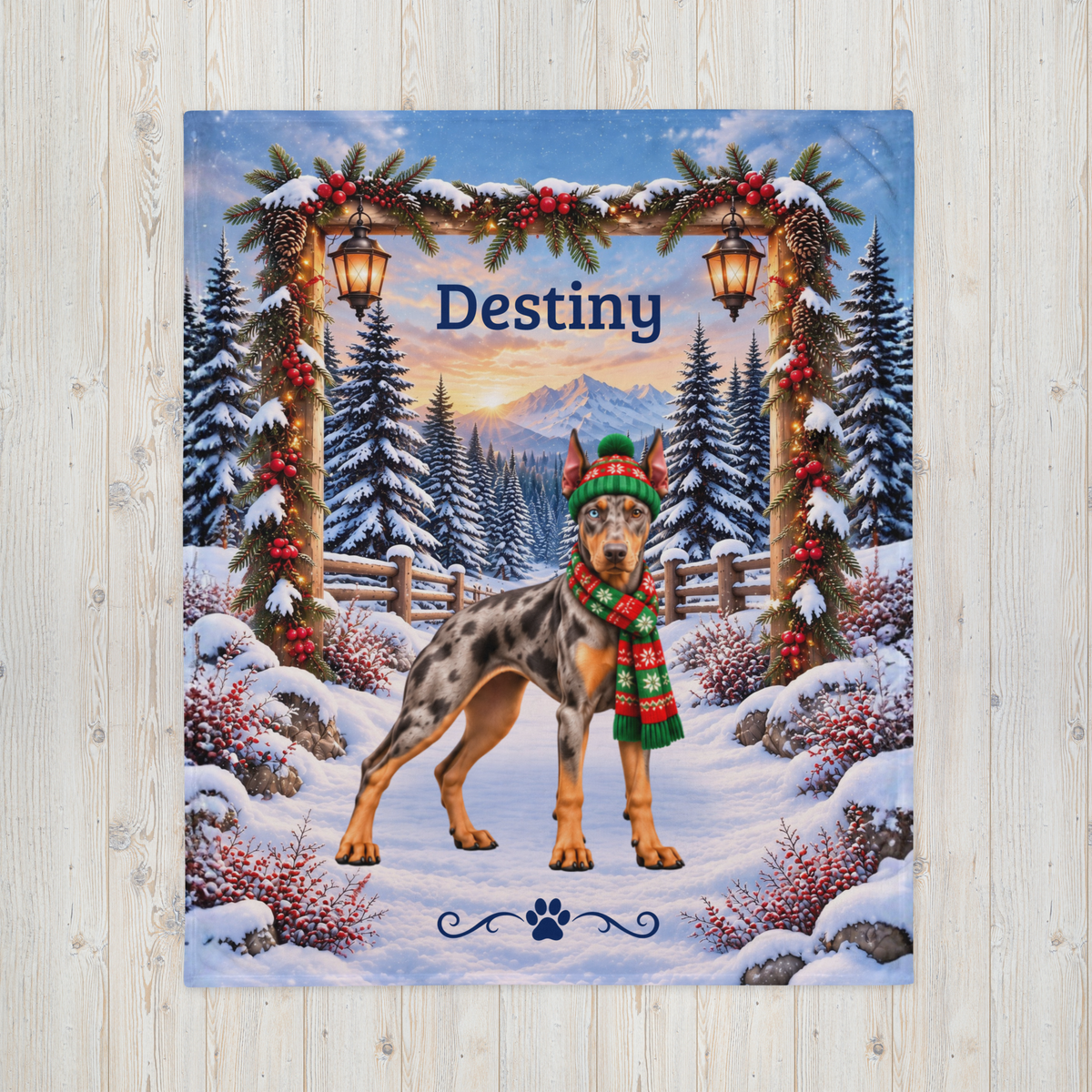 Doberman (Merle Coat) - Personalized Winter Blanket, Lantern-Lit Woodland Velveteen Throw