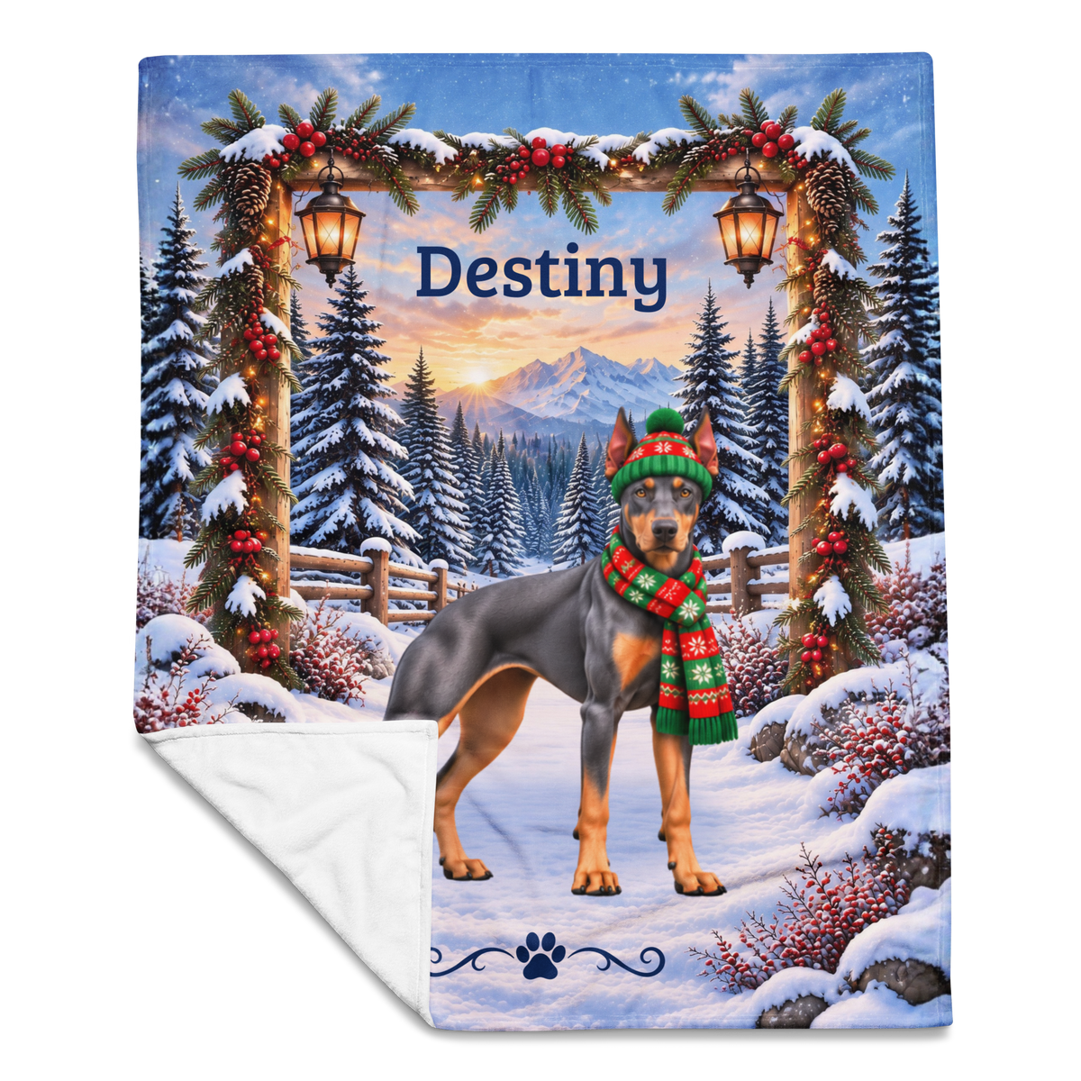 Doberman (Blue & Rust Coat) - Personalized Winter Blanket, Snowy Mountain Velveteen Throw