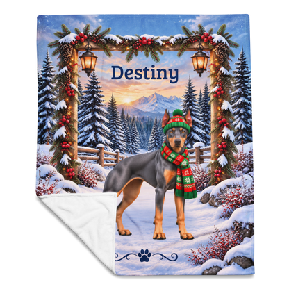 Doberman (Blue & Rust Coat) - Personalized Winter Blanket, Snowy Mountain Velveteen Throw