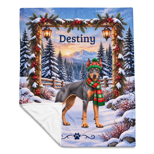 Doberman (Blue & Rust Coat) - Personalized Winter Blanket, Snowy Mountain Velveteen Throw