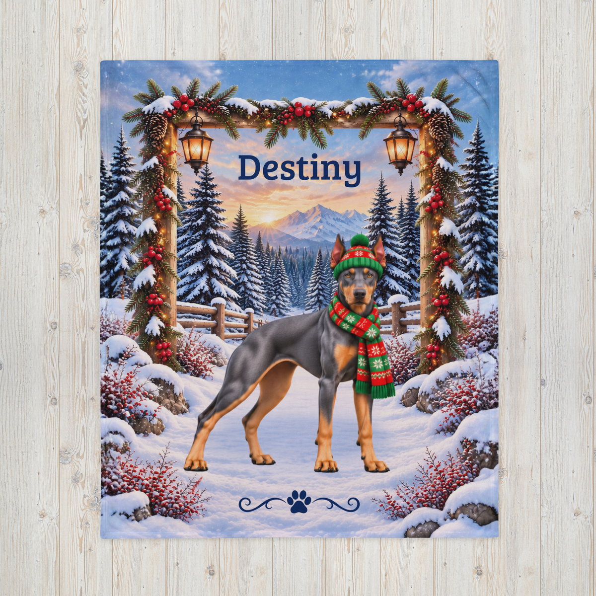 Doberman (Blue & Rust Coat) - Personalized Winter Blanket, Snowy Mountain Velveteen Throw