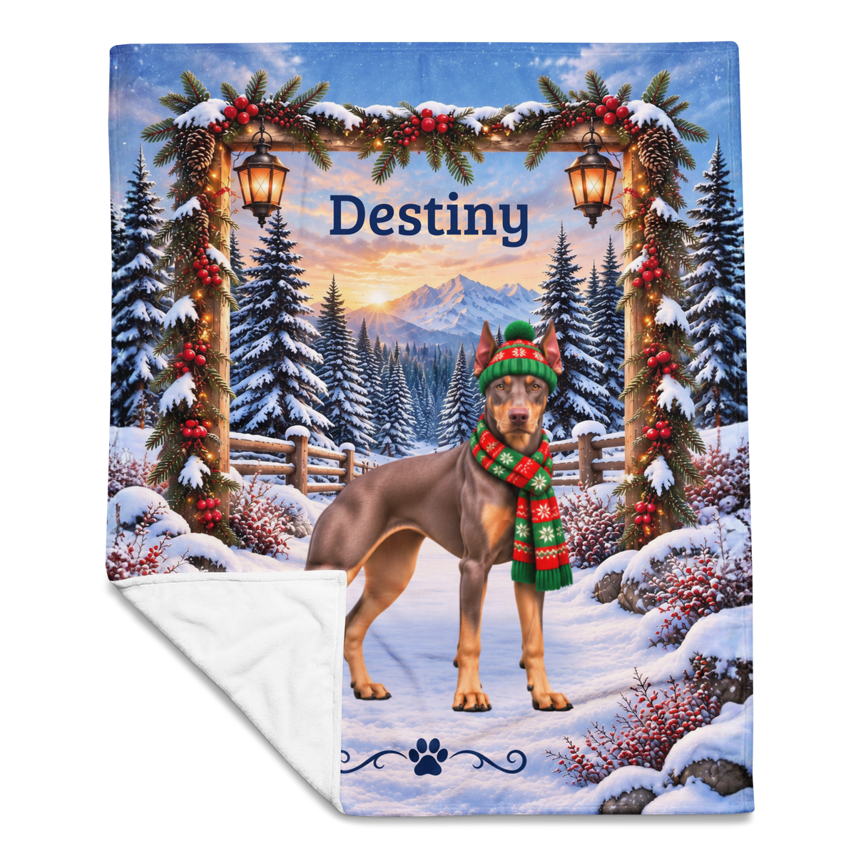 Doberman (Red Fawn Coat) - Personalized Winter Blanket, Snowy Woodland Velveteen Throw