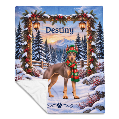 Doberman (Red Fawn Coat) - Personalized Winter Blanket, Snowy Woodland Velveteen Throw