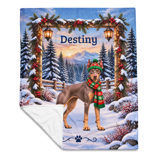 Doberman (Red Fawn Coat) - Personalized Winter Blanket, Snowy Woodland Velveteen Throw