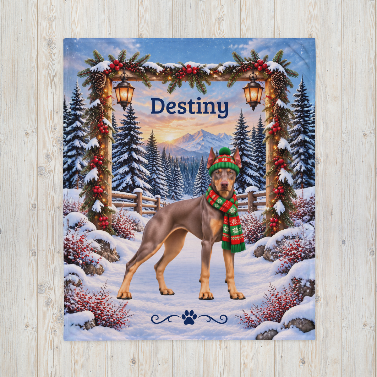 Doberman (Red Fawn Coat) - Personalized Winter Blanket, Snowy Woodland Velveteen Throw