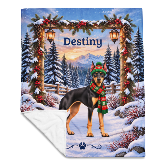 Doberman (Black & Tan Coat) - Personalized Winter Blanket, Evergreen Arch Velveteen Throw