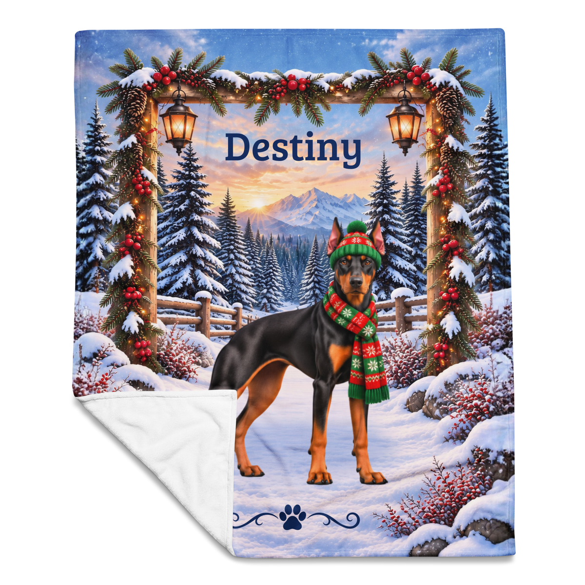Doberman (Black & Rust Coat) - Personalized Winter Blanket, Lantern Woodland Custom Name Throw