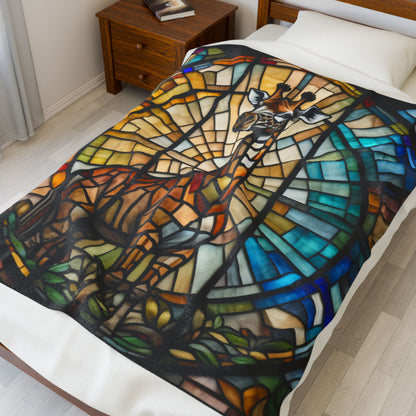 A vibrant giraffe blanket with stained glass-style art that celebrates nature and comfort.