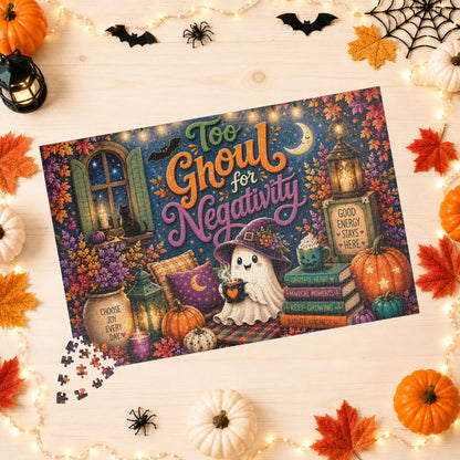 Too Ghoul for Negativity Halloween Puzzle - Ghost with Cauldron Mug, Good Energy Stays Here Sign, and Gratitude Books